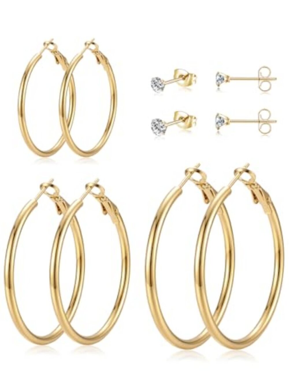 5 Pairs Silver Gold Stud Hoop Earrings for Women, Hypoallergenic 14K Gold Plated